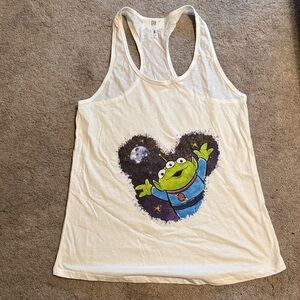 White Racerback Tank with Green Alien Heart Graphic